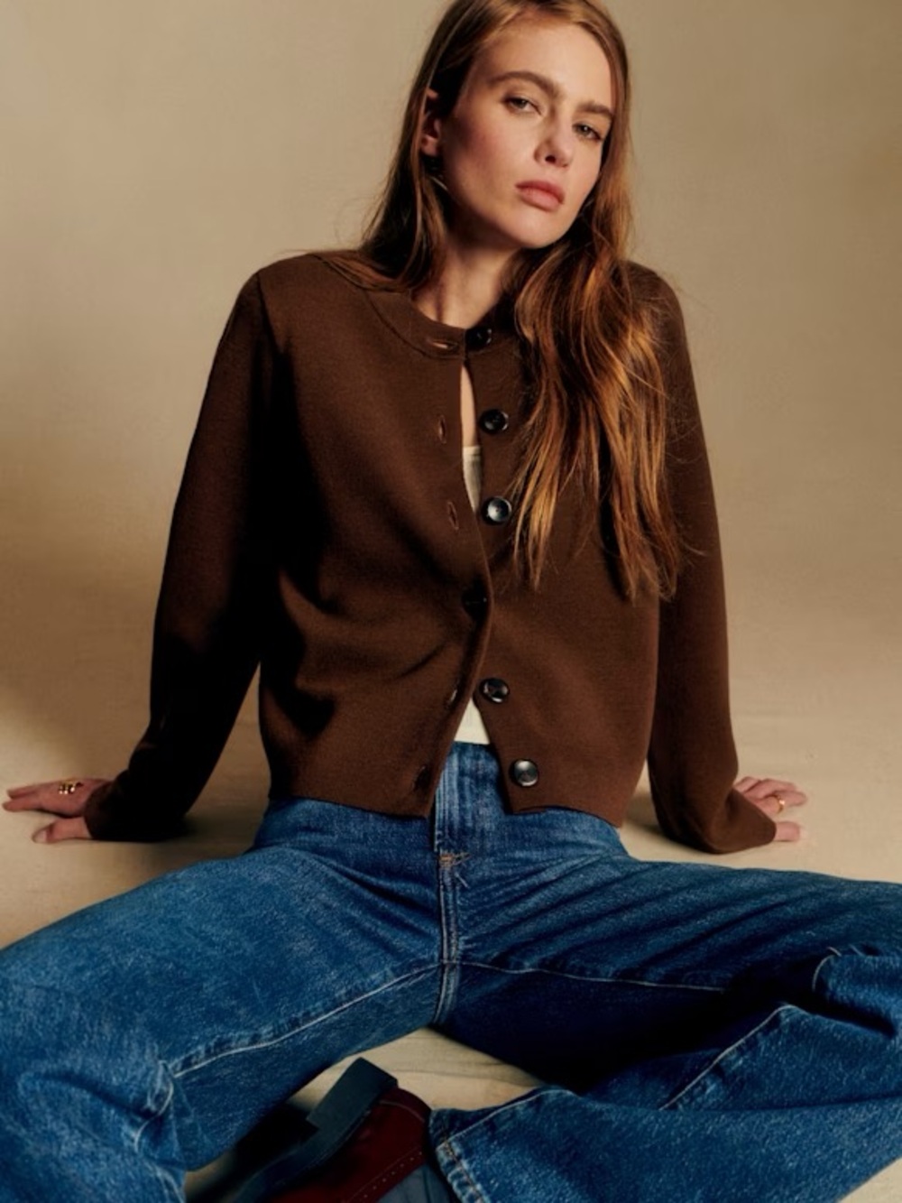 Sezane Jude Crewneck Button Cardigan - Brown - Picture 2 of 5